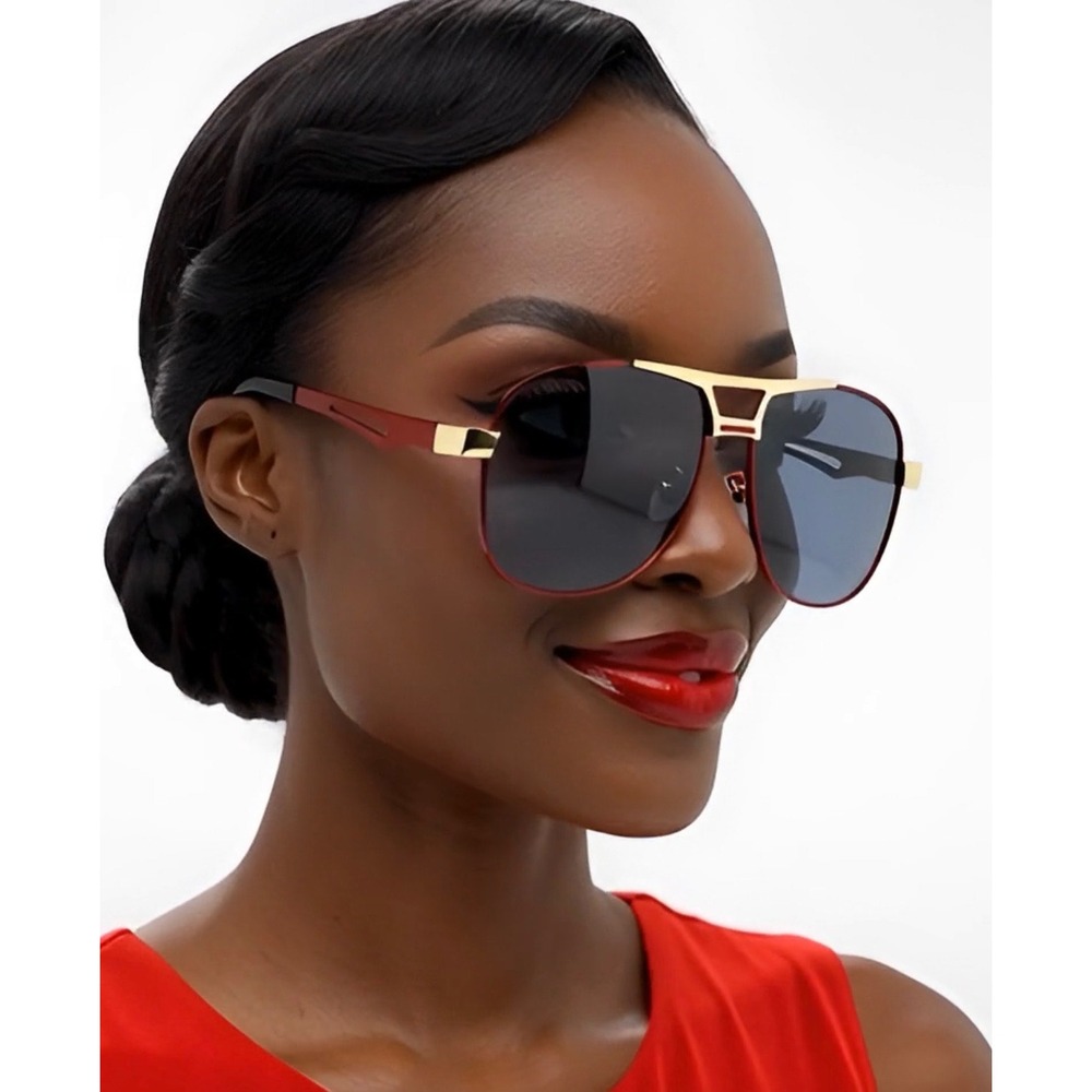 Sunglasses Red Gold Frame Dark Lenses Women Fashion Eyewear Pilot Stylish Lentes